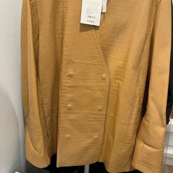 Toteme Double-breasted croc-effect leather blazer in beige size 40